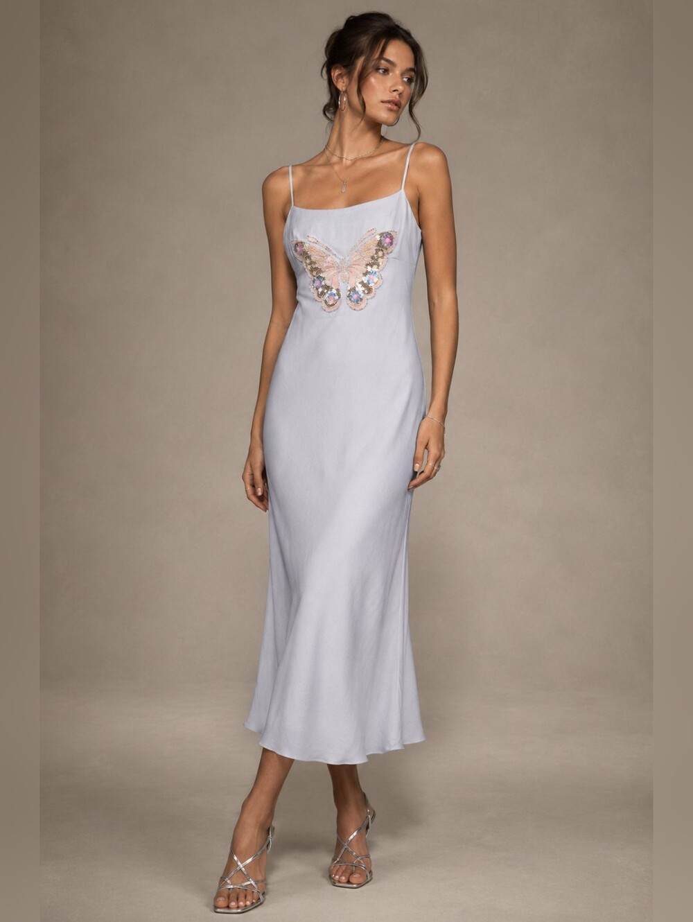 Sunday Best Aritzia Butterfly Slip Dress M Icy Blue Beaded Sequin Applique Bias